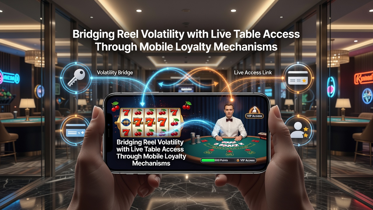 Mobile device displaying slot reels transitioning to live dealer tables with loyalty points overlay