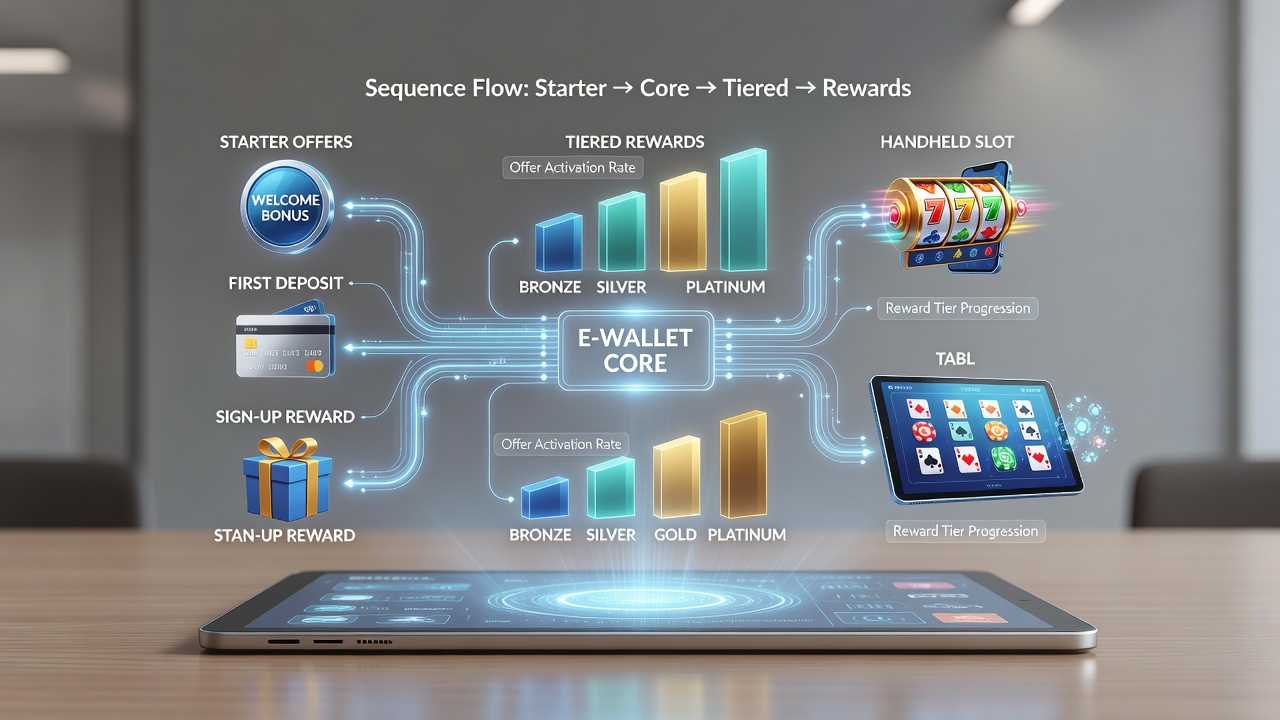 Flowchart illustrating step-by-step e-wallet sequences from starter bonuses through mobile slots, table games, and into loyalty tier upgrades