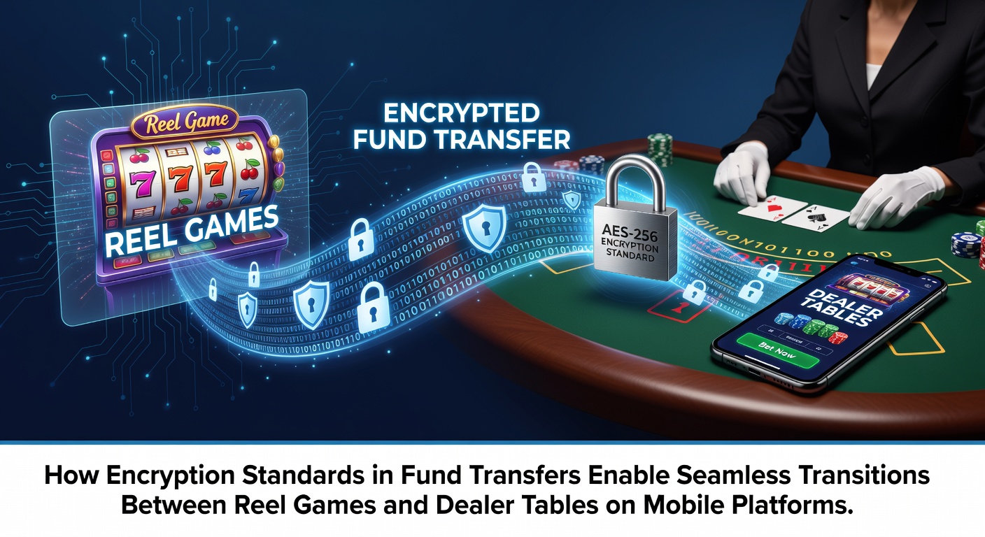 Secure encryption protocols illustrated in a mobile gaming fund transfer interface connecting reel games to live dealer tables