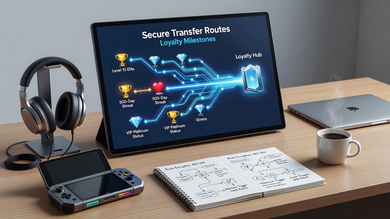 Diagram showing encrypted routes from mobile wallets through verification nodes to loyalty milestone dashboards in live game applications