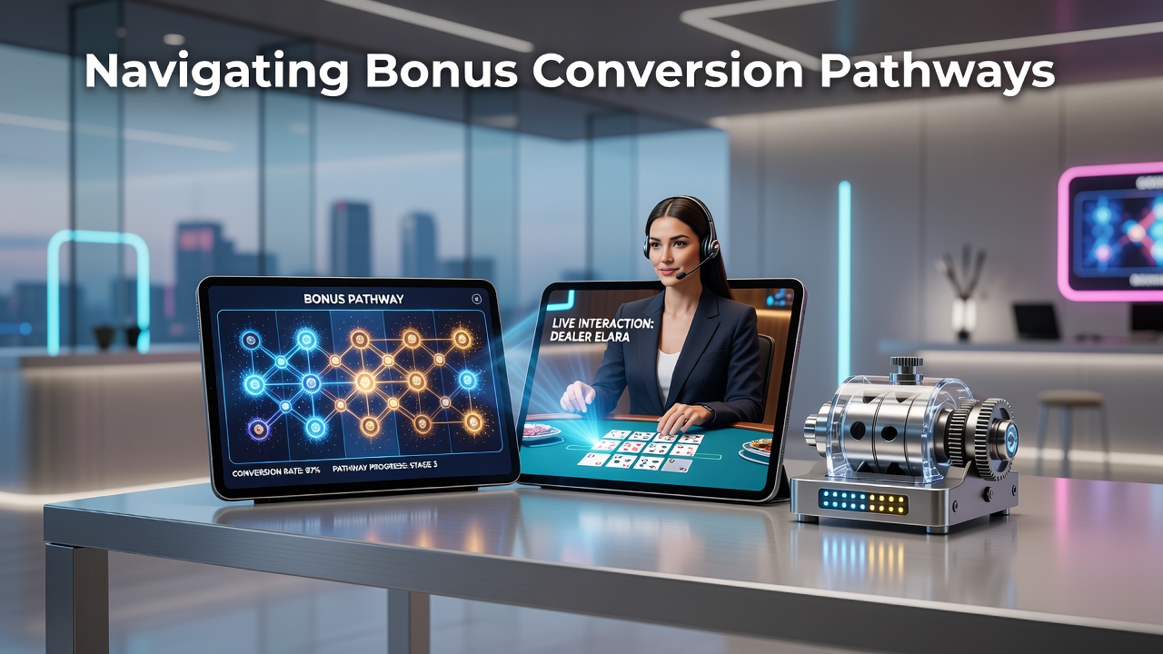Mobile device displaying integrated slot reels and live dealer table interface with bonus progress indicators