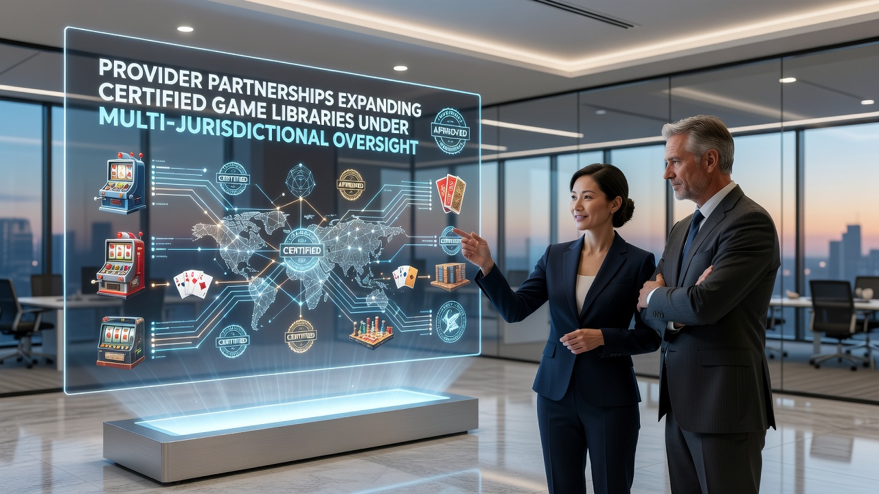Illustration of gaming providers collaborating across regulatory borders to expand certified game libraries