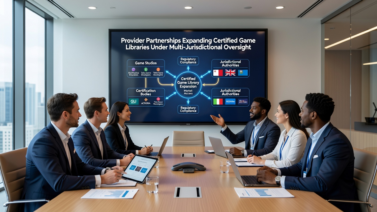 Diagram showing interconnected regulatory frameworks and certified game content flow across jurisdictions