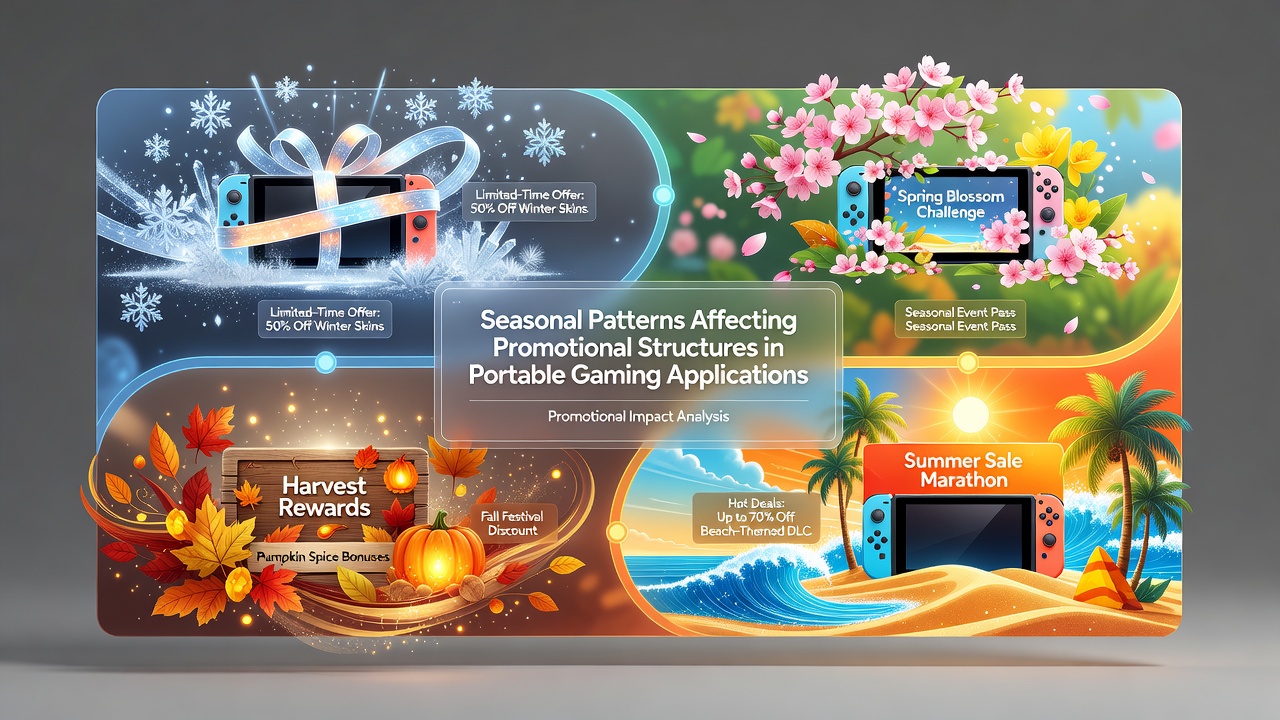 Mobile gaming apps displaying seasonal promotional banners and in-app event interfaces across different times of the year