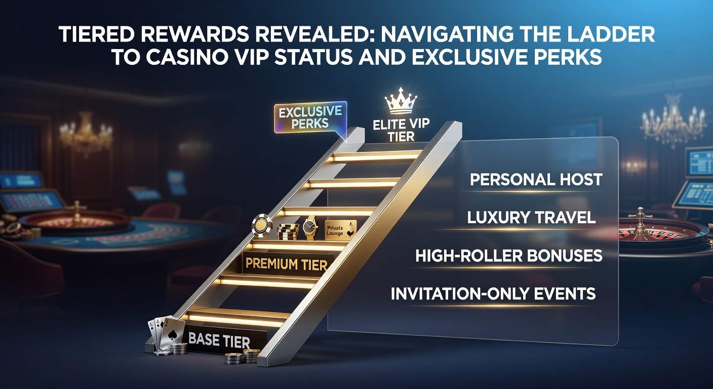 Illustration of a multi-tiered casino loyalty ladder with players ascending levels, each rung offering perks like free bets, luxury travel, and VIP access