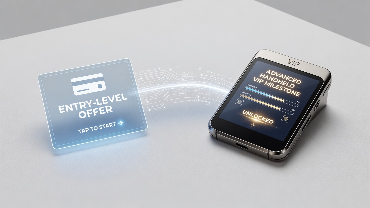 Illustration of digital wallet authentication process on mobile devices connecting initial gaming offers to VIP status