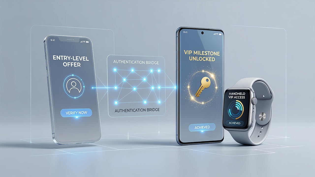 Mobile screen showing wallet authentication advancing a user from basic offers to VIP milestones in gaming apps