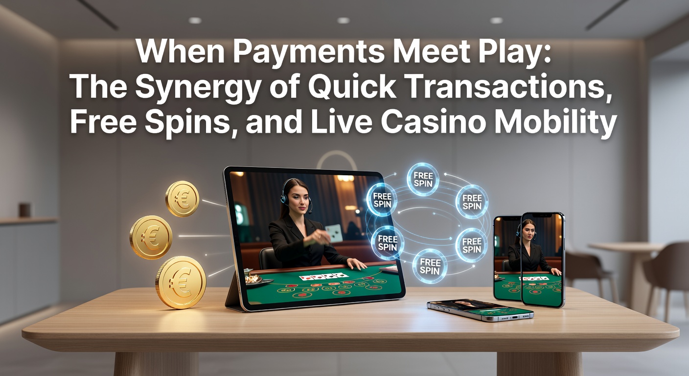 A vibrant mobile screen displaying a live casino table with free spins icons and instant payment notifications overlayed, capturing the seamless blend of quick transactions and mobile gaming action