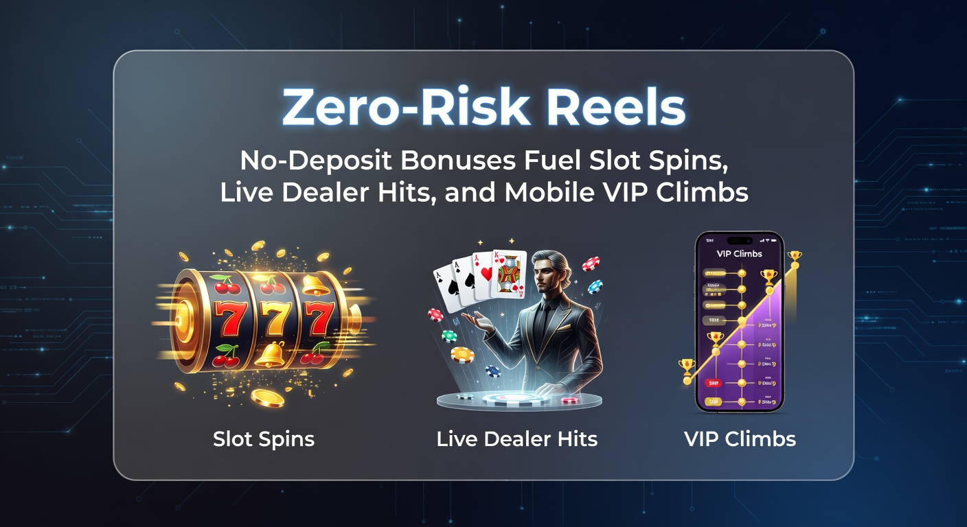 Mobile phone displaying a live dealer blackjack table with no-deposit bonus chips stacked beside a rising VIP progress bar and colorful slot symbols